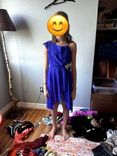 Royal Blue Off-Shoulder Dress, Weissman dance costume in blue and gold detail 1