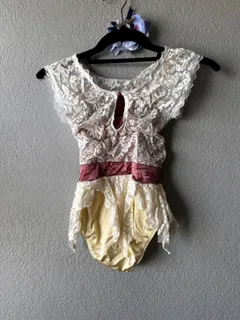 Cream Lace Dance Leotard dance costume in ivory and burgundy detail 2
