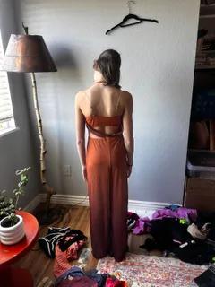 Rust Orange Halter Dance Jumpsuit dance costume in orange and burgundy detail 2