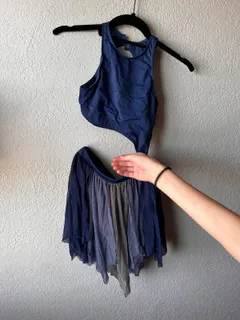Blue nylon dance leotard, Weissman dance costume in navy and gray detail 3