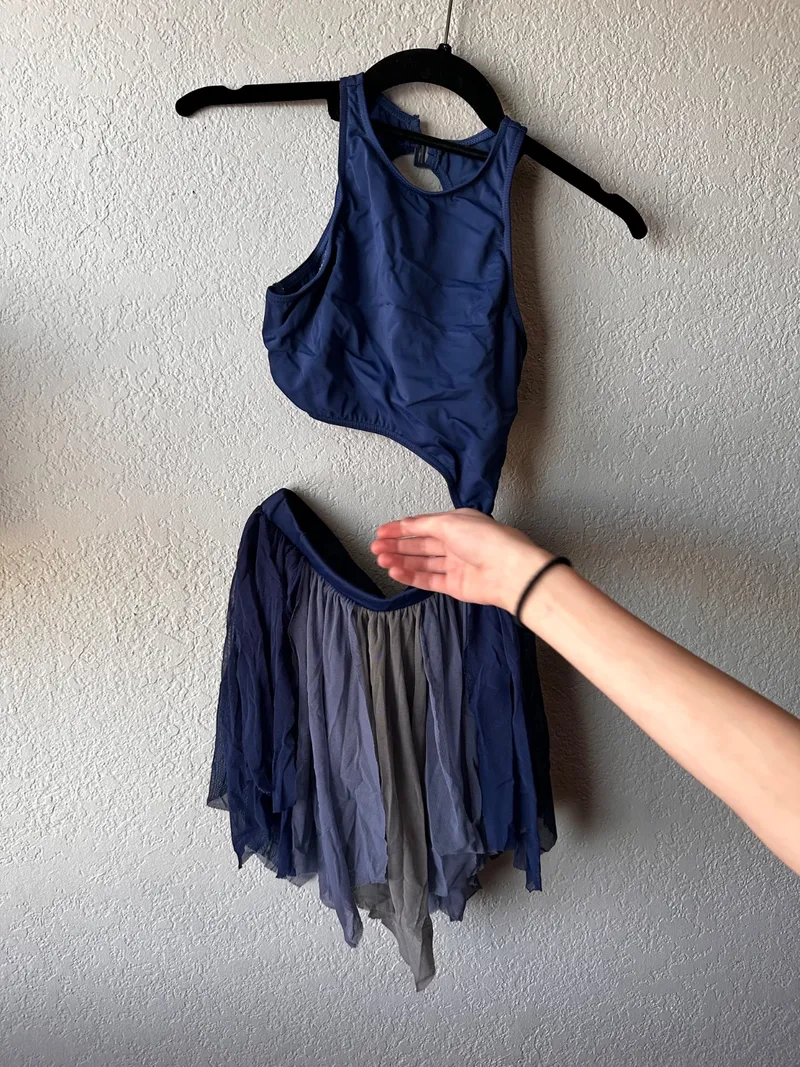 Blue nylon dance leotard, Weissman dance costume in navy and gray detail 3