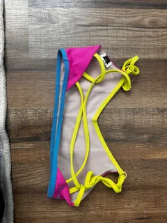 Neon Pink Yellow Sports Bra, Jo+Jax dancewear piece in hot pink and neon detail 2
