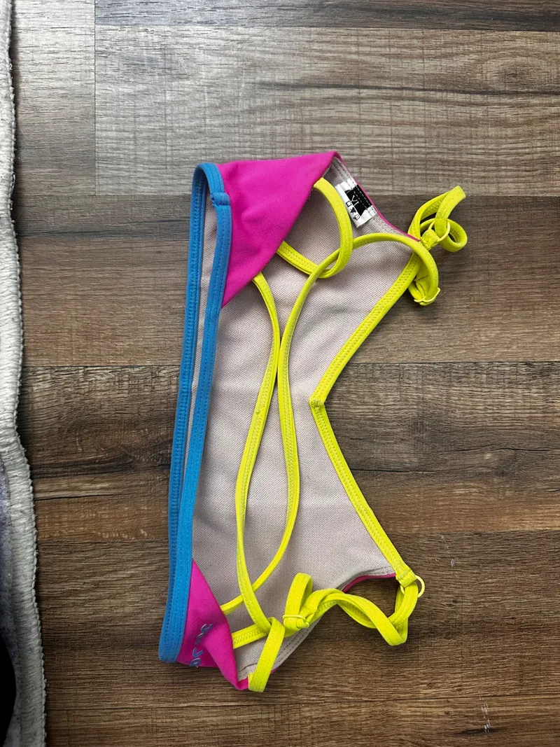 Neon Pink Yellow Sports Bra, Jo+Jax dancewear piece in hot pink and neon detail 2