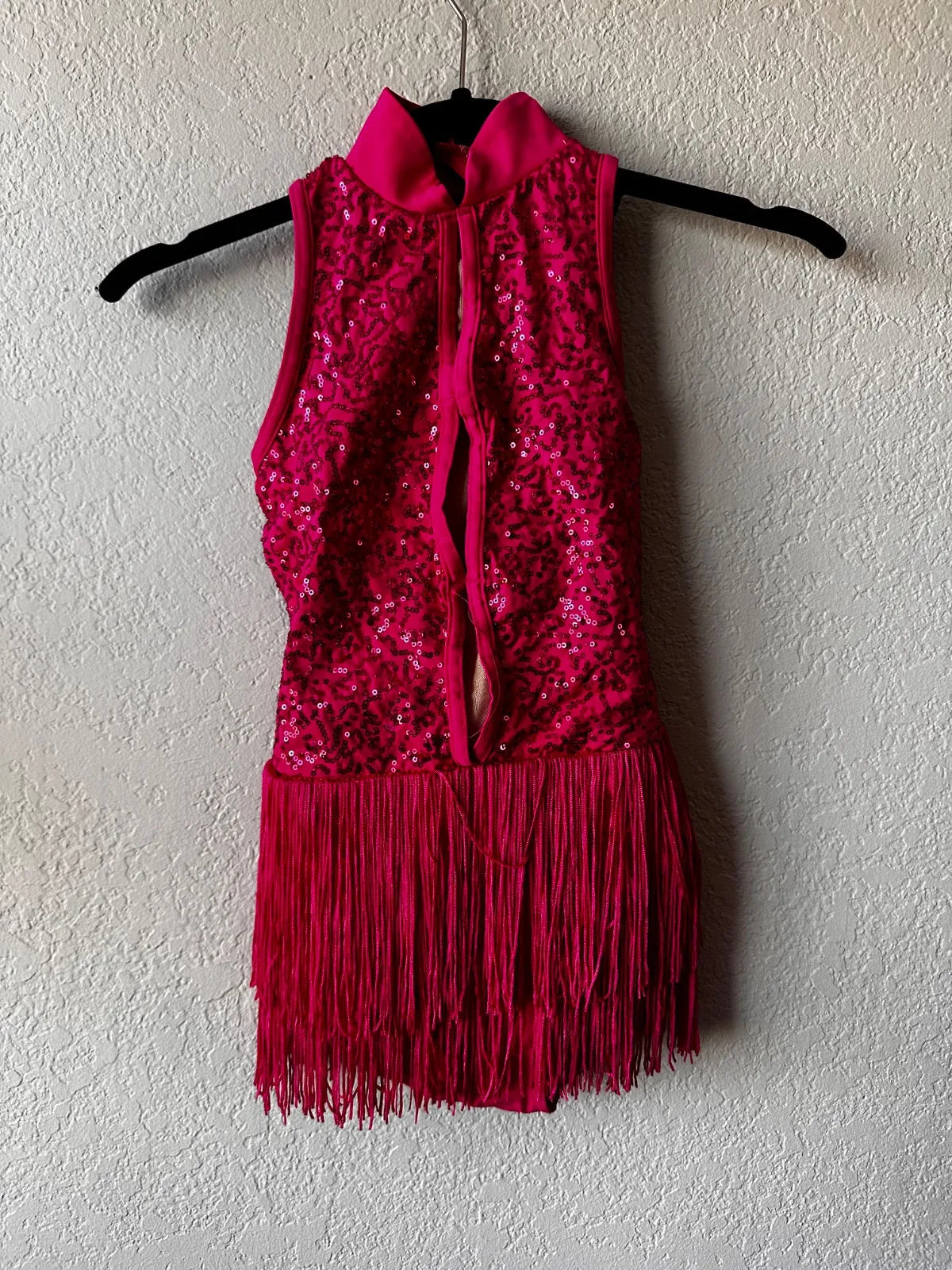 Balera Hot Pink Sequin Fringe Dress dance costume in hot pink and nude