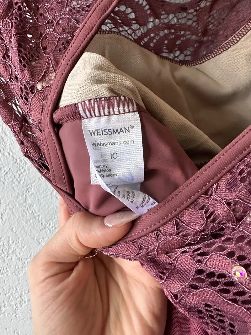Burgundy Lace Sequin Dance Dress, Weissman dance costume in burgundy and ivory detail 3
