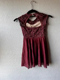 Burgundy Lace Sequin Dance Dress, Weissman dance costume in burgundy and ivory detail 2