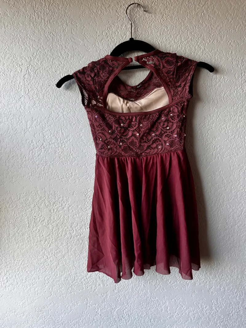 Burgundy Lace Sequin Dance Dress, Weissman dance costume in burgundy and ivory detail 2