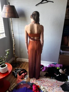 Rust Orange Halter Dance Jumpsuit dance costume in orange and burgundy detail 3