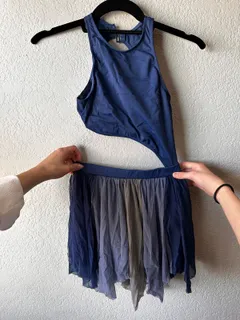 Blue nylon dance leotard, Weissman dance costume in navy and gray detail 1