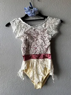 Cream Lace Dance Leotard dance costume in ivory and burgundy detail 1