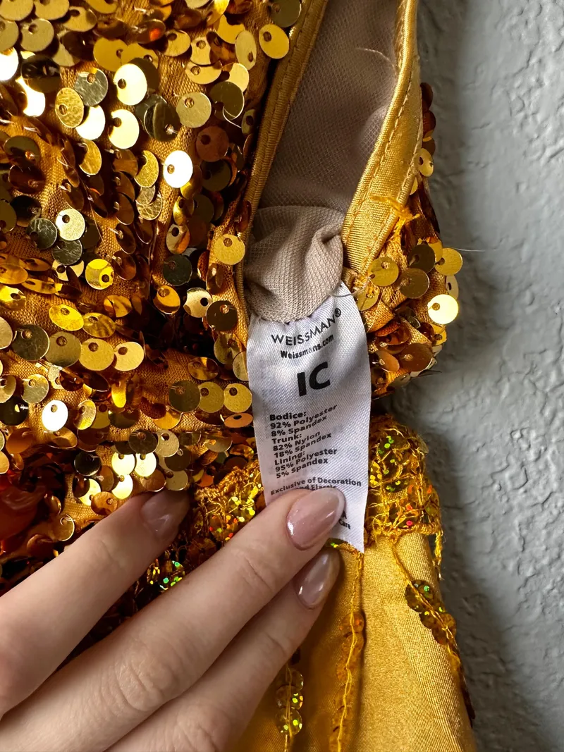 Gold Sequin Dance Leotard with Gloves, Weissman dance costume in gold and yellow detail 5
