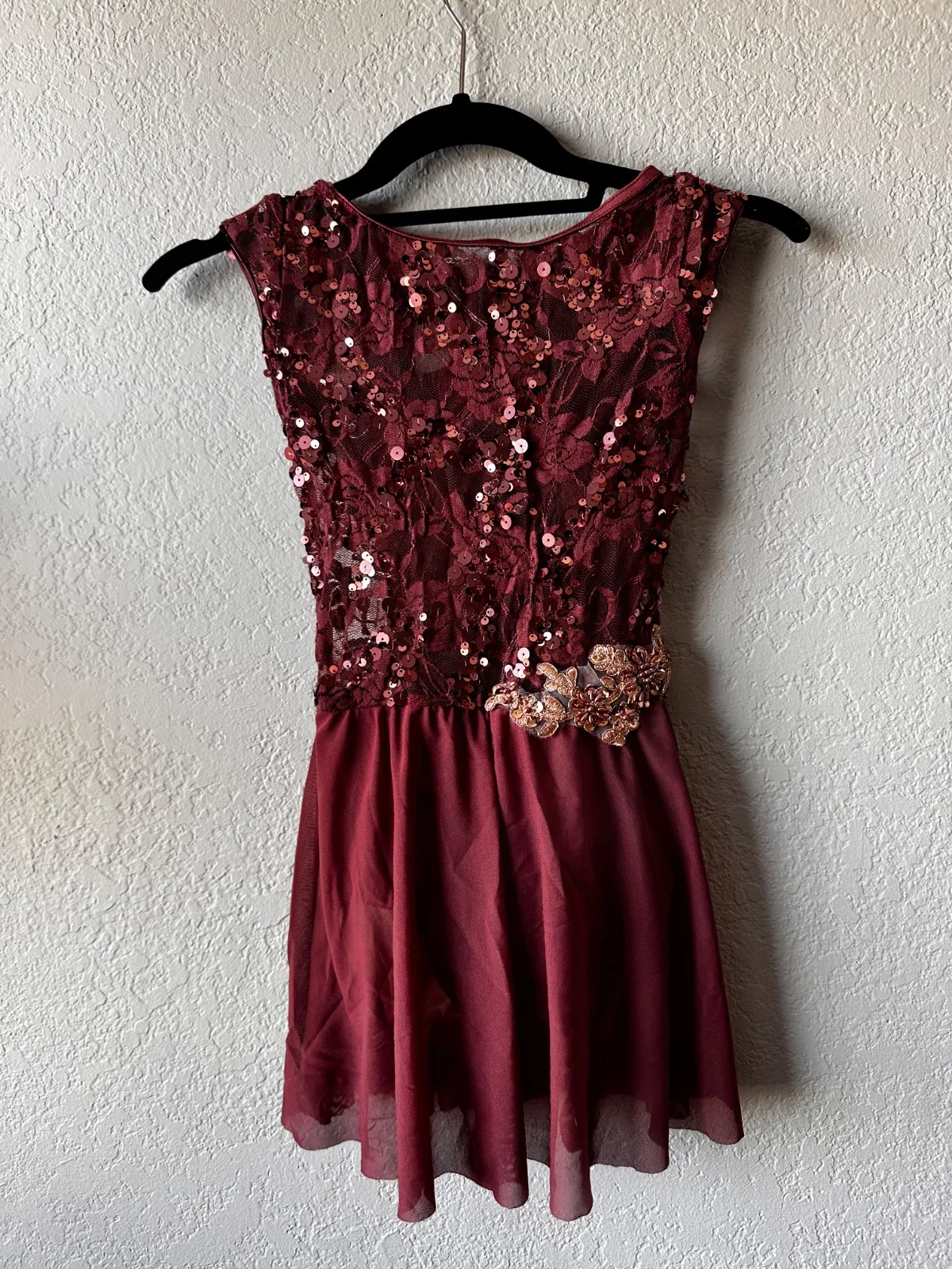 Burgundy Sequin Dance Dress, Weissman dance costume in burgundy and gold