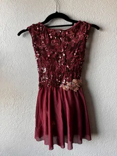 Burgundy Sequin Dance Dress, Weissman dance costume in burgundy and gold detail 1