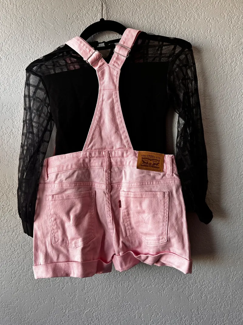 Pink Denim Overall Shorts Costume dance costume in pink and black detail 2