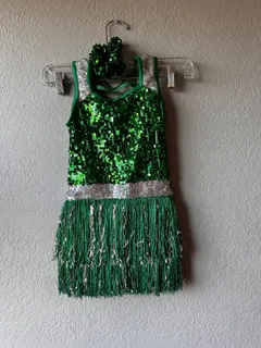 Green Sequin Fringe Dance Dress, Weissman dance costume in green and silver detail 1