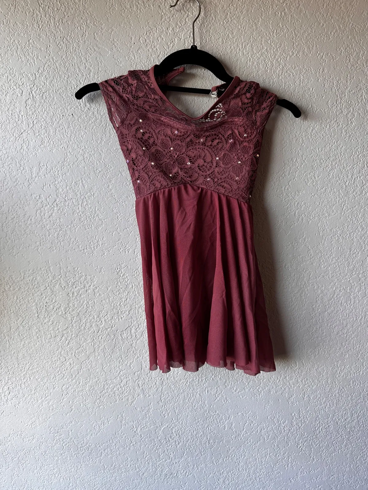 Burgundy Lace Sequin Dance Dress, Weissman dance costume in burgundy and ivory