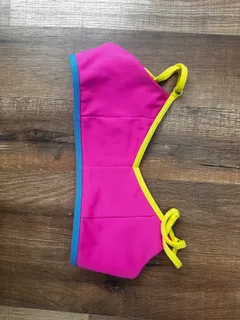 Neon Pink Yellow Sports Bra, Jo+Jax dancewear piece in hot pink and neon detail 1