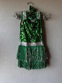 Green Sequin Fringe Dance Dress, Weissman dance costume in green and silver detail 2