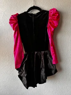 Puff Sleeve Velvet Performance Costume Dress, Revolution dance costume in black and hot pink detail 2