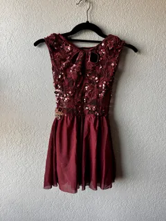 Burgundy Sequin Dance Dress, Weissman dance costume in burgundy and gold detail 2