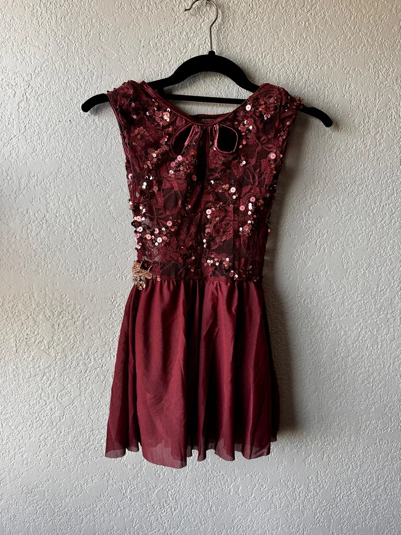Burgundy Sequin Dance Dress, Weissman dance costume in burgundy and gold detail 2