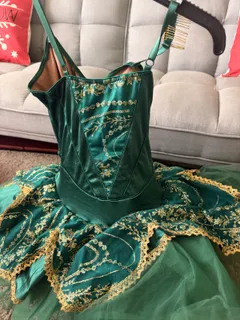 Emerald Velvet Ballet Performance Costume w/ Headpiece, Revolution dance costume in teal and gold detail 2