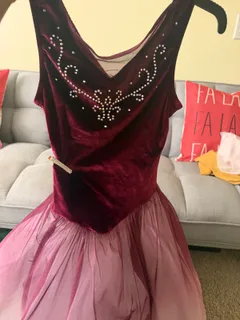 Burgundy Velvet Tutu Dress Rhinestones w/ Headpiece, Weissman dance costume in burgundy and pink detail 1