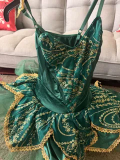 Emerald Velvet Ballet Performance Costume w/ Headpiece, Revolution dance costume in teal and gold detail 1