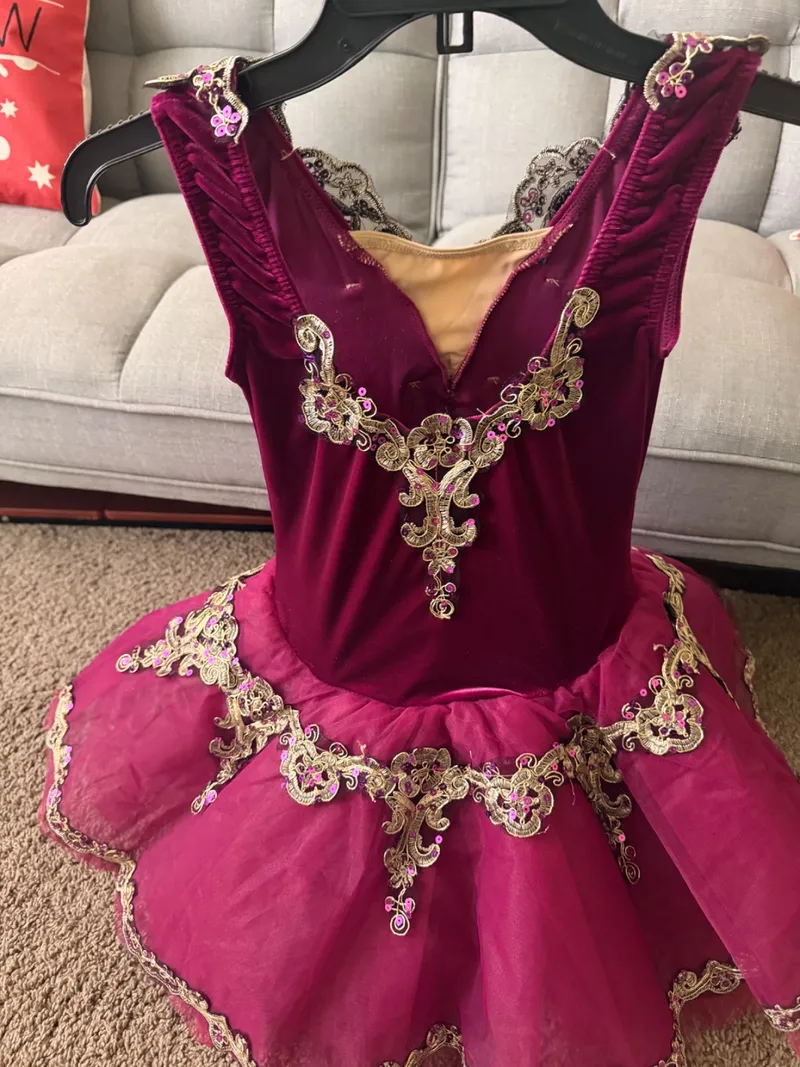 Weissman Magenta Velvet Ballet Tutu Dress dance costume in burgundy and gold detail 2